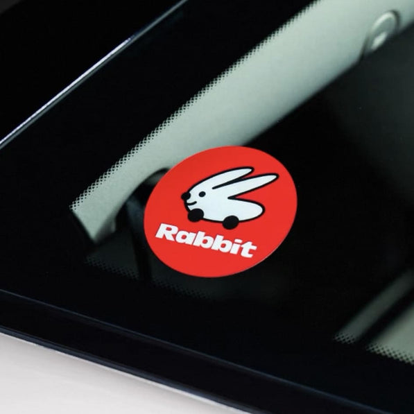 Red rabbit static cling decal applied on inside quarter glass of VW Golf R32 MK5