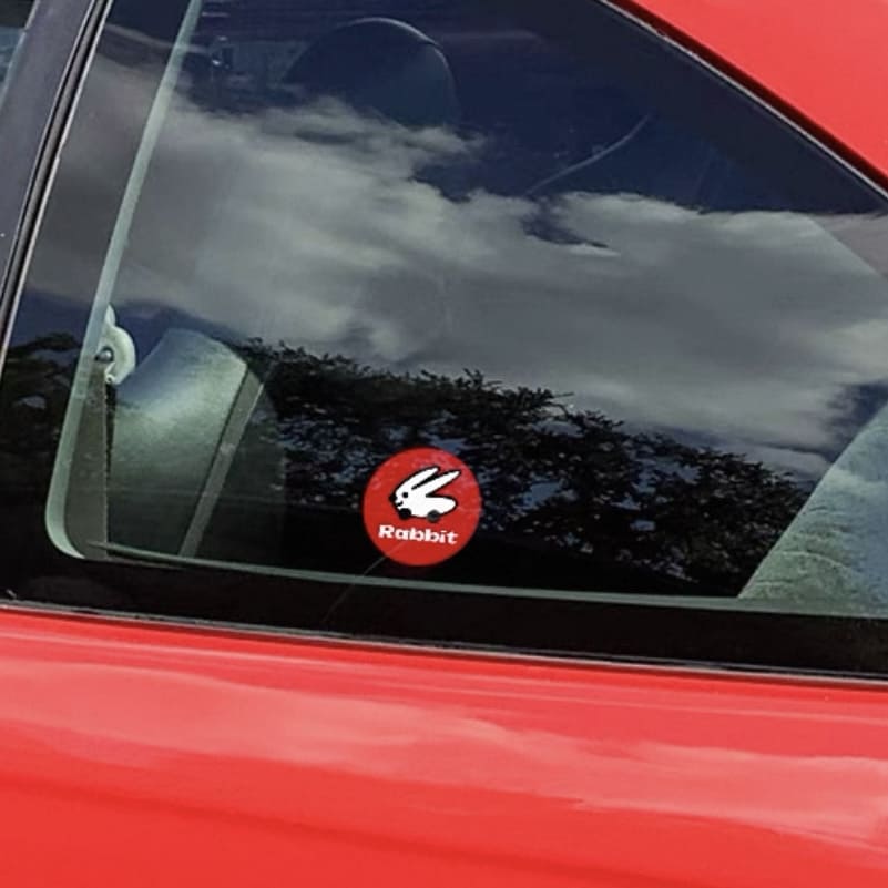 VW GTI MK7 with red rabbit static cling sticker applied inside rear window