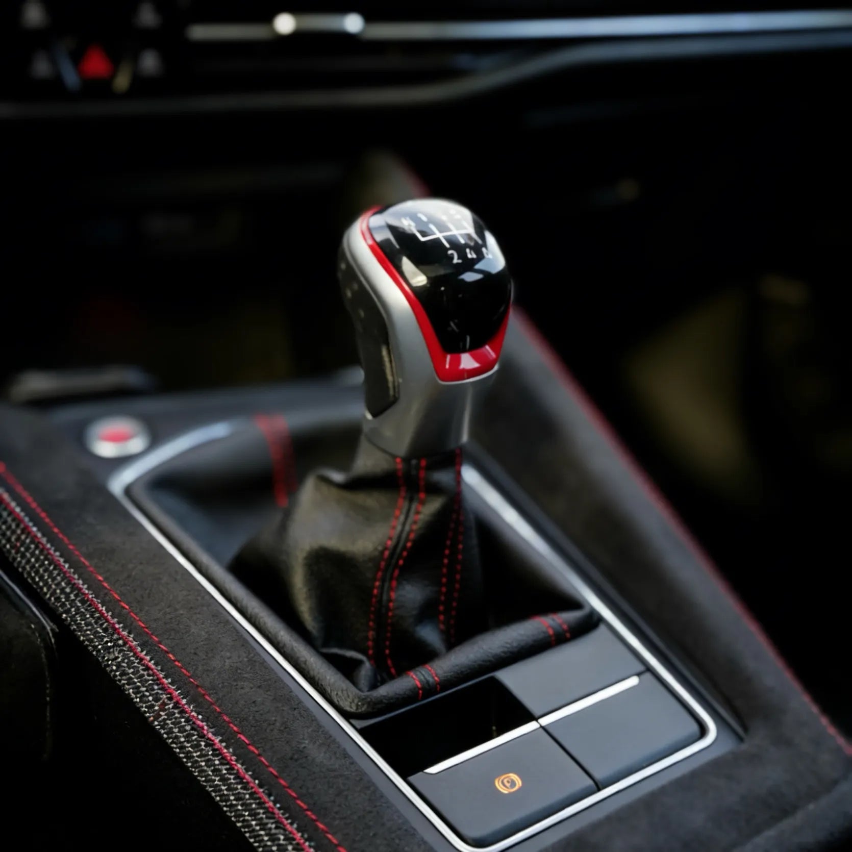 vw golf gti r aftermarket interior mods alcantara gear shift panel cover center console
